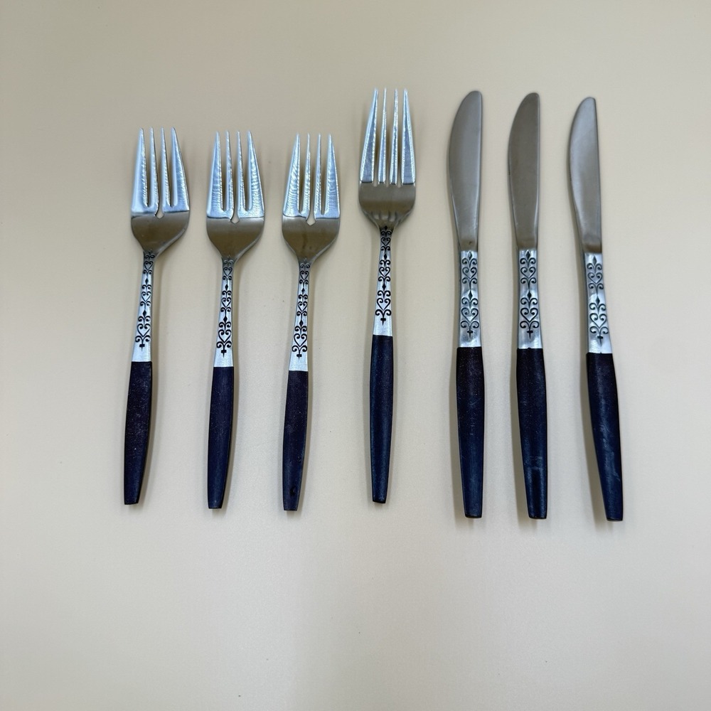 Lot of 7 Interpur Stainless Steel Brown Handle Dinner  Flatware Japan Replace
